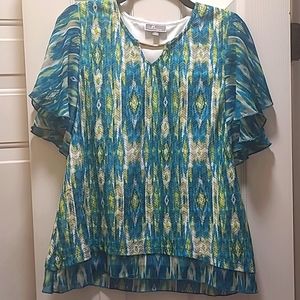 NWOT JM Collection Green/Blue Ruffle Top Size PL
